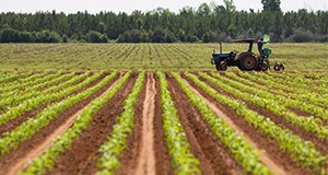 A man checks fertilizer levels on a tractor on a farm