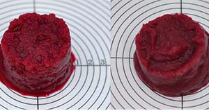 Figure 6. A) puréed canned beets with water separation; B) puréed canned beets with the addition of a small amount of puréed kidney beans and showing no water separation (cylinder filled to 2” marking).