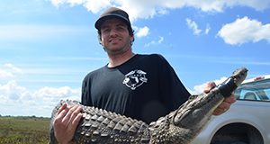 University of Florida biologist Mike Rochford with captured Nile crocodile (Crocodylus niloticus).