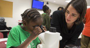 Andrea Lucky instructing 4H youth in pinning insect specimens. Photo taken 01-23-17.