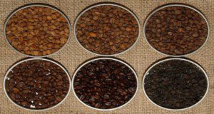 Six coffee roasting grades. From top left to bottom right: light cinnamon, cinnamon, normal, French roasting, espresso and open fire. Credits: Godewind, Wikimedia