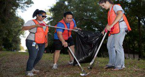 Members of Alpha Zeta volunteering to pick up trash along their stretch of adopt a street in Gainesville, Florida. Summer 2011 Impact magazine image. Image was taken prior to national guidelines of face coverings and social distancing. UF/IFAS Photo by Tyler Jones.